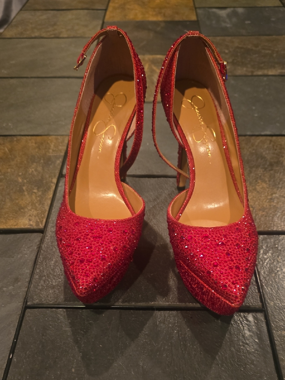 Jessica Simpson Red Glitter Pointed Ankle-Strap Heels